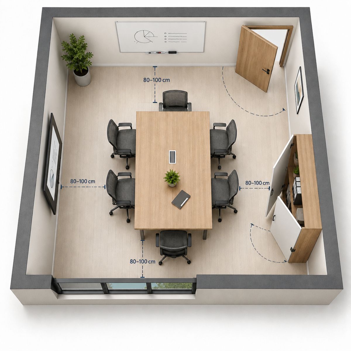 Espacio de circulación recomendado alrededor de una mesa de reunión